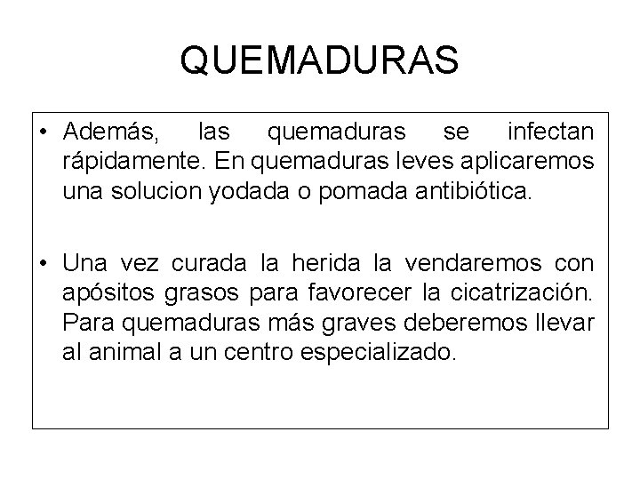 QUEMADURAS • Además, las quemaduras se infectan rápidamente. En quemaduras leves aplicaremos una solucion