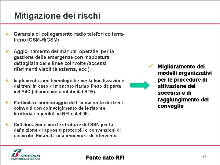 Mitigazione dei rischi Ø Garanzia di collegamento radio telefonico terratreno (GSM-R/GSM). Ø Aggiornamento dei