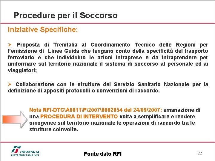 Procedure per il Soccorso Iniziative Specifiche: Ø Proposta di Trenitalia al Coordinamento Tecnico delle