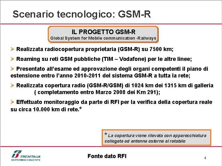 Scenario tecnologico: GSM-R IL PROGETTO GSM-R Global System for Mobile communication -Railways Ø Realizzata