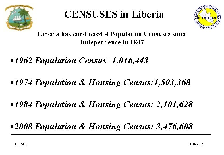CENSUSES in Liberia has conducted 4 Population Censuses since Independence in 1847 • 1962