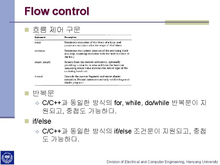 Flow control n 흐름 제어 구문 n 반복문 v C/C++과 동일한 방식의 for, while,