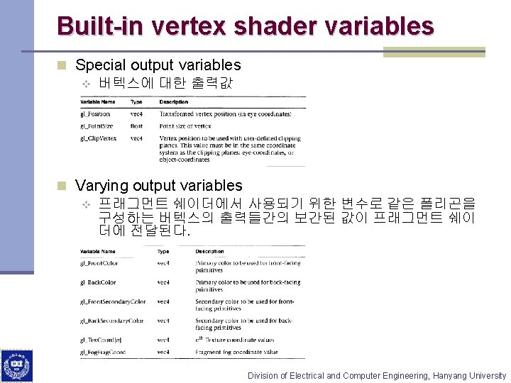 Built-in vertex shader variables n Special output variables v 버텍스에 대한 출력값 n Varying