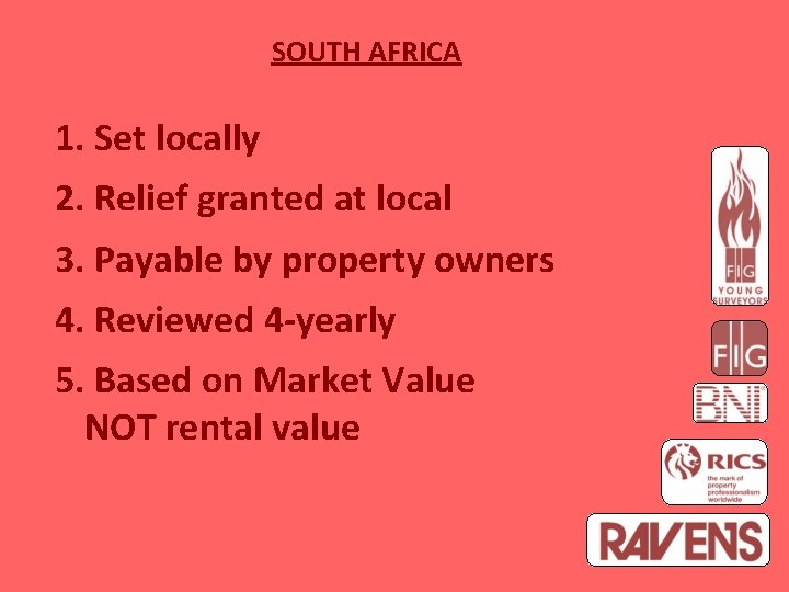 SOUTH AFRICA 1. Set locally 2. Relief granted at local 3. Payable by property