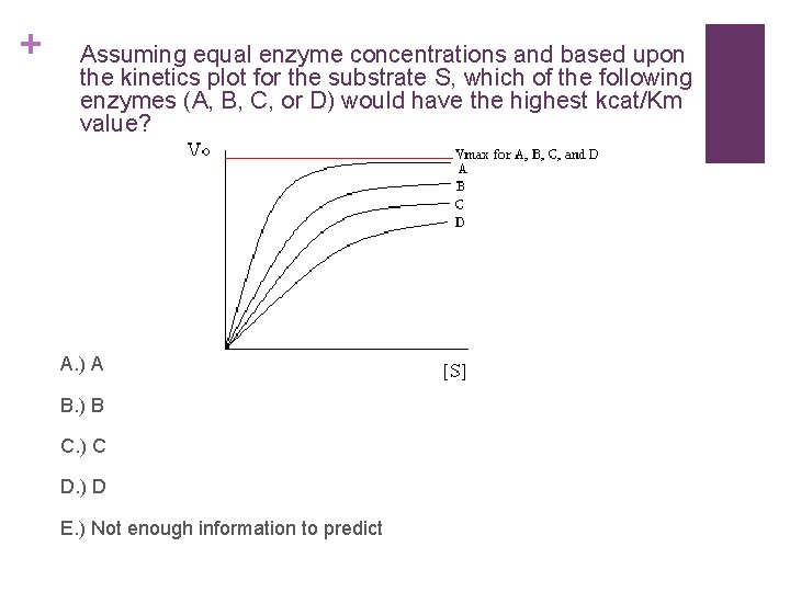 + Assuming equal enzyme concentrations and based upon the kinetics plot for the substrate