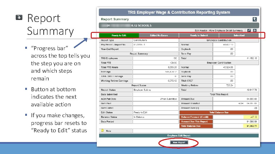 Report Summary § “Progress bar” across the top tells you the step you are