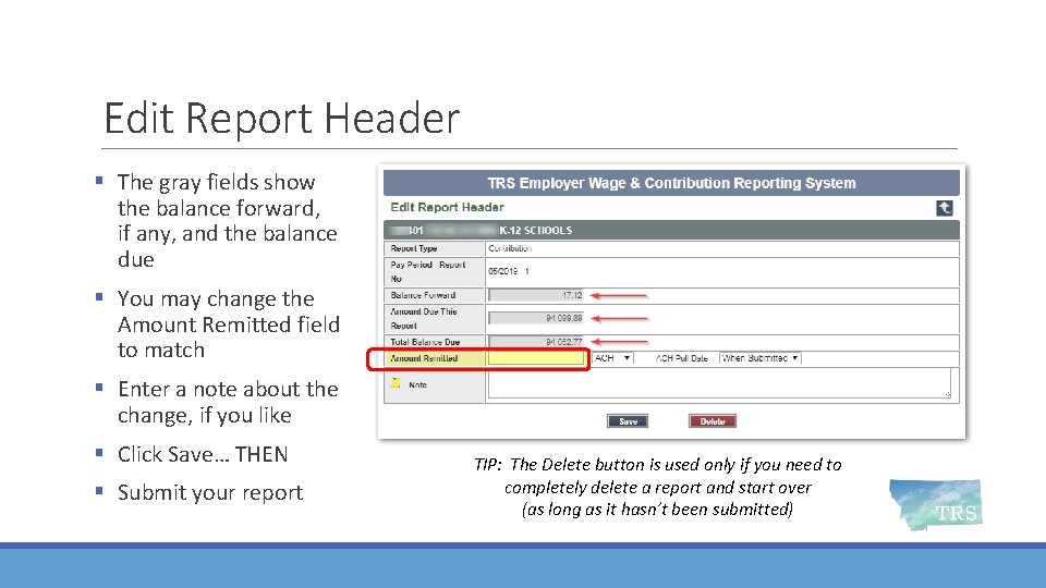 Edit Report Header § The gray fields show the balance forward, if any, and