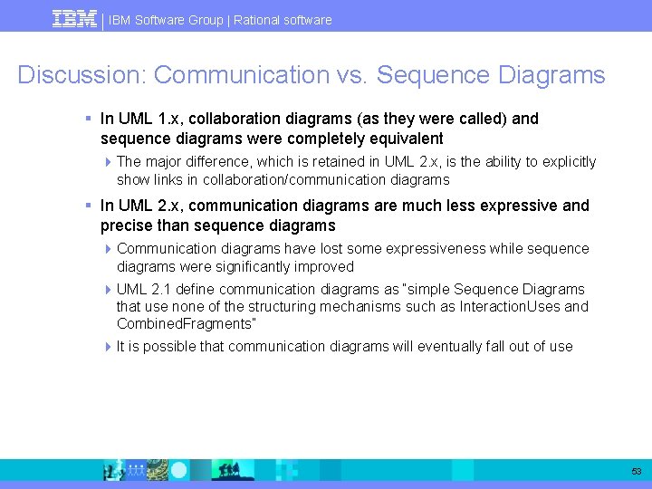 IBM Software Group | Rational software Discussion: Communication vs. Sequence Diagrams § In UML