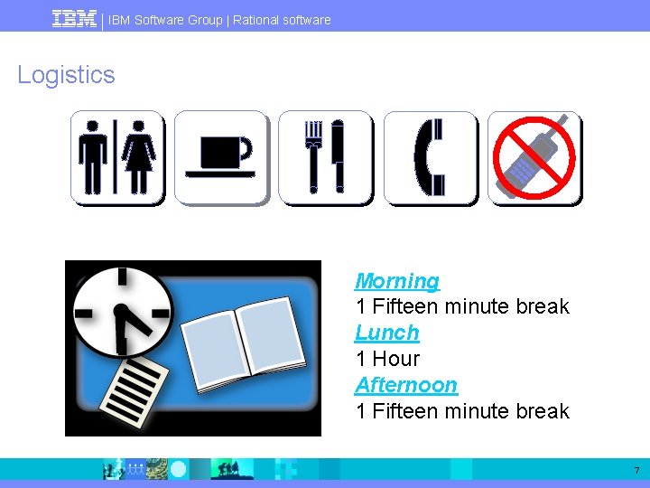 IBM Software Group | Rational software Logistics Morning 1 Fifteen minute break Lunch 1