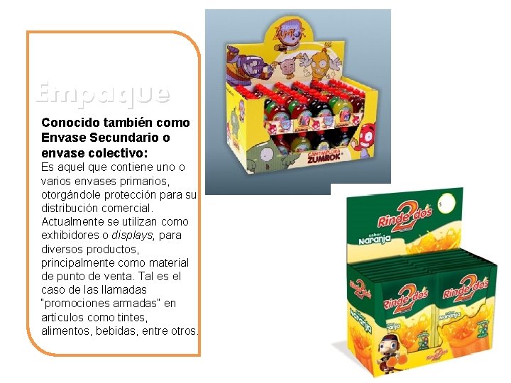 Empaque Conocido también como Envase Secundario o envase colectivo: Es aquel que contiene uno