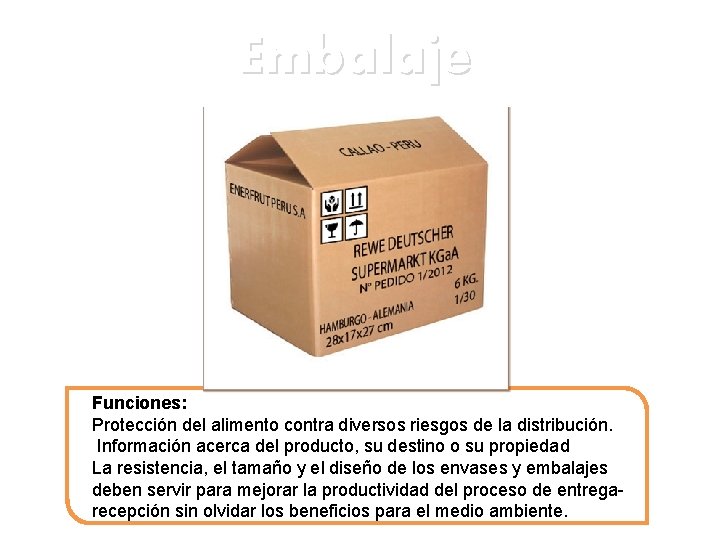 Embalaje Funciones: Protección del alimento contra diversos riesgos de la distribución. Información acerca del