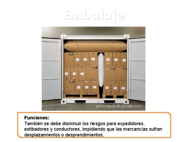 Embalaje Funciones: También se debe disminuir los riesgos para expedidores, estibadores y conductores, impidiendo
