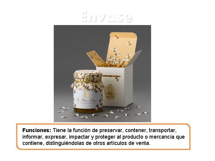 Envase Funciones: Tiene la función de preservar, contener, transportar, informar, expresar, impactar y proteger
