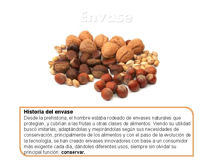 Envase Historia del envase Desde la prehistoria, el hombre estaba rodeado de envases naturales