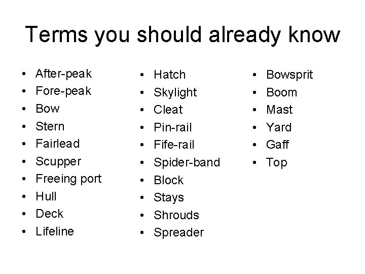 Terms you should already know • • • After-peak Fore-peak Bow Stern Fairlead Scupper