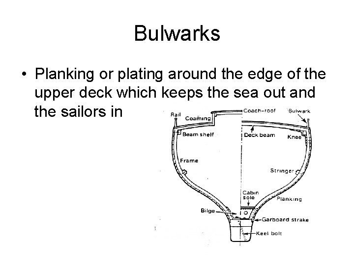 Bulwarks • Planking or plating around the edge of the upper deck which keeps