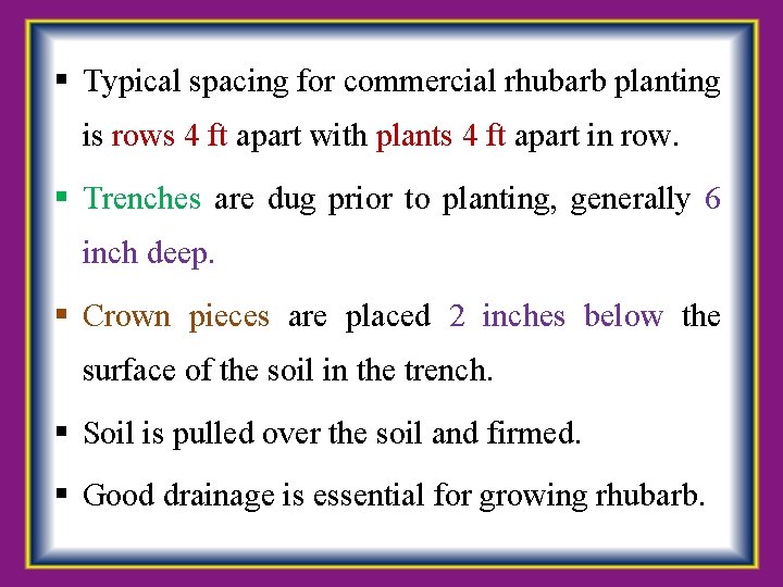  Typical spacing for commercial rhubarb planting is rows 4 ft apart with plants