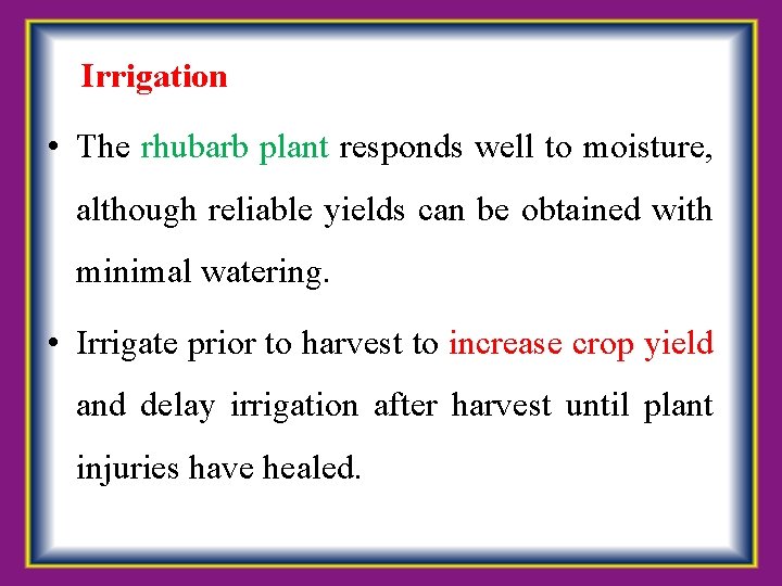  Irrigation • The rhubarb plant responds well to moisture, although reliable yields can