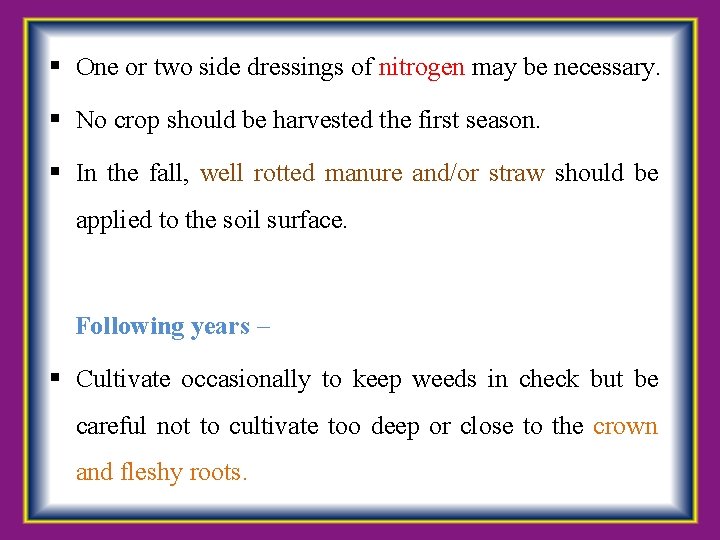  One or two side dressings of nitrogen may be necessary. No crop should