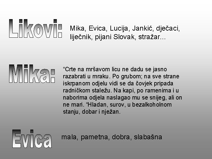 Mika, Evica, Lucija, Jankić, dječaci, liječnik, pijani Slovak, stražar. . . “Crte na mršavom