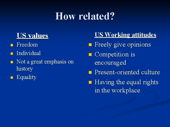 How related? US values n Freedom Individual Not a great emphasis on history Equality
