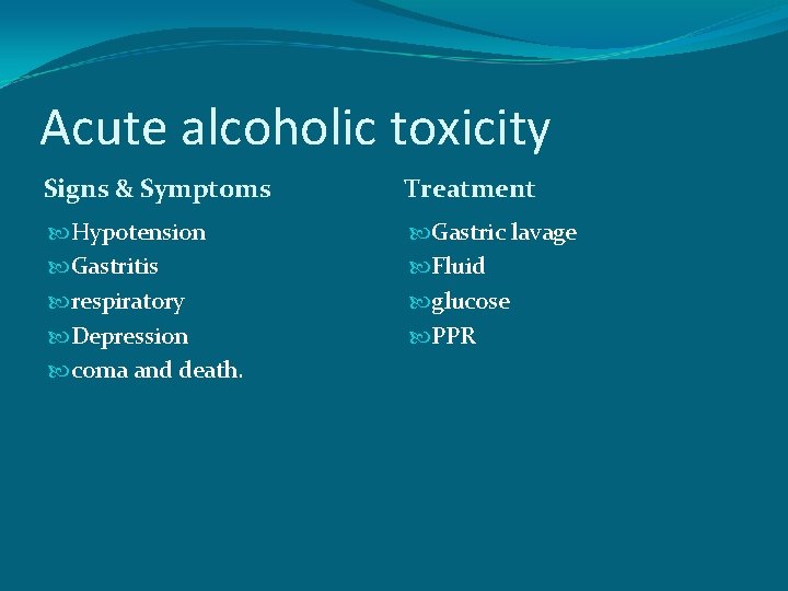 Acute alcoholic toxicity Signs & Symptoms Treatment Hypotension Gastritis respiratory Depression coma and death.