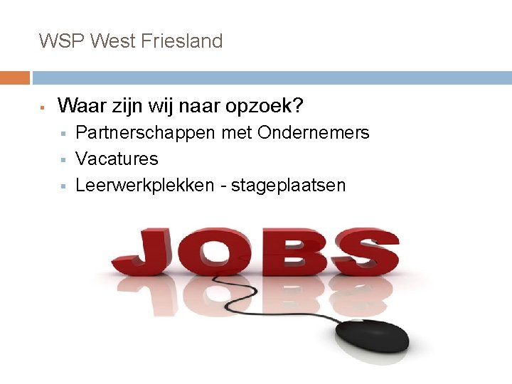 WSP West Friesland § Waar zijn wij naar opzoek? § § § Partnerschappen met