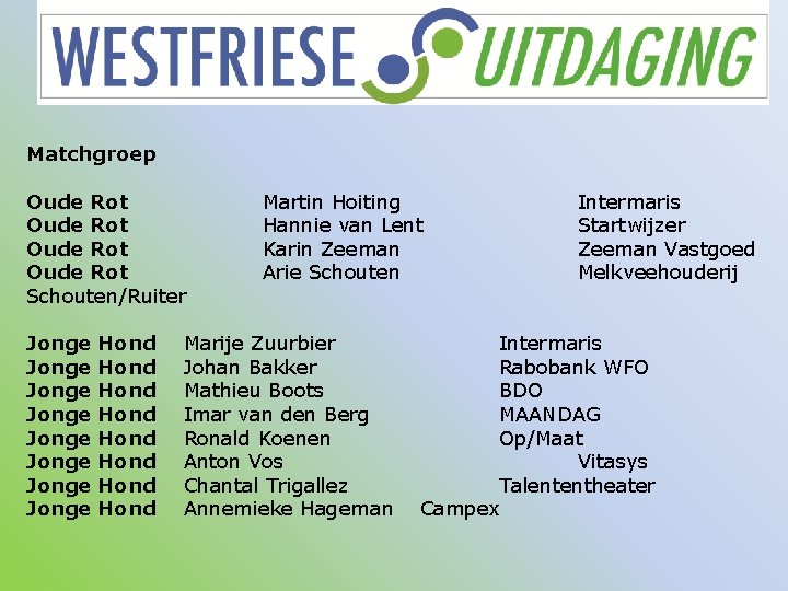 Matchgroep Oude Rot Martin Hoiting Intermaris Oude Rot Hannie van Lent Startwijzer Oude Rot