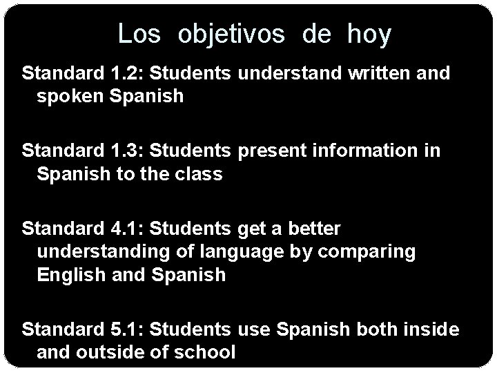 Los objetivos de hoy Standard 1. 2: Students understand written and spoken Spanish Standard