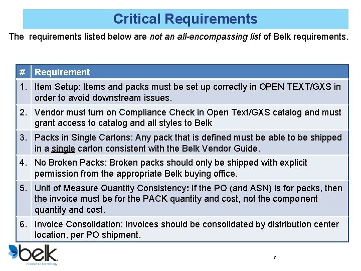 Critical Requirements The requirements listed below are not an all-encompassing list of Belk requirements.
