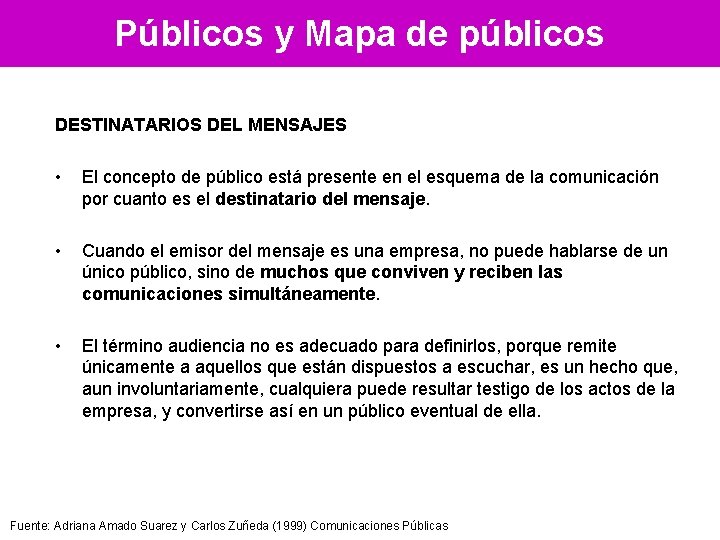 Públicos y Mapa de públicos DESTINATARIOS DEL MENSAJES • El concepto de público está