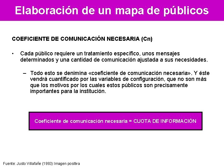 Elaboración de un mapa de públicos COEFICIENTE DE COMUNICACIÓN NECESARIA (Cn) • Cada público