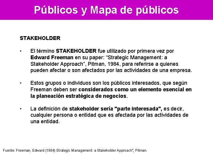 Públicos y Mapa de públicos STAKEHOLDER • El término STAKEHOLDER fue utilizado por primera