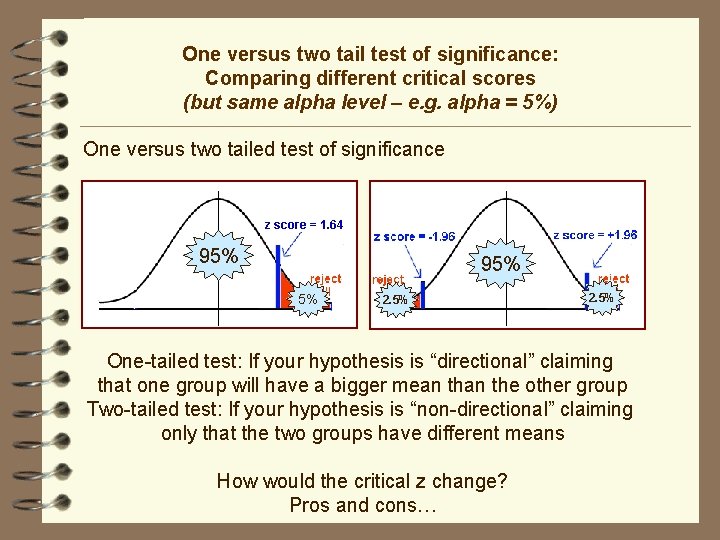 One versus two tail test of significance: Comparing different critical scores (but same alpha