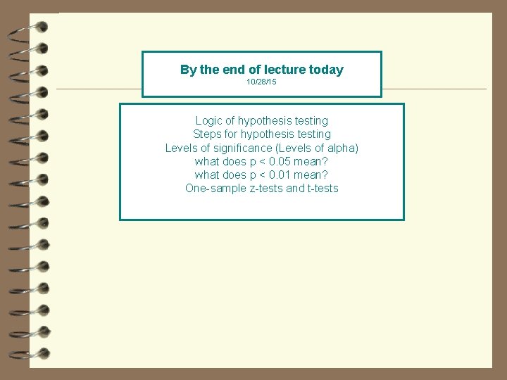 By the end of lecture today 10/28/15 Logic of hypothesis testing Steps for hypothesis