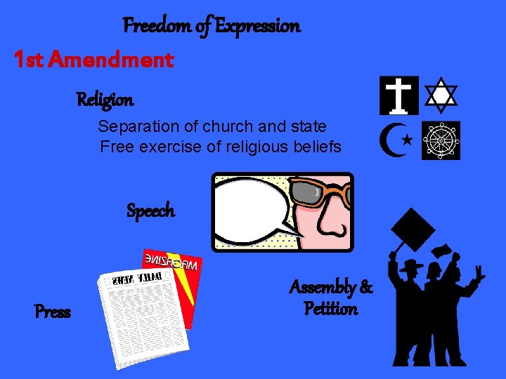 Freedom of Expression 1 st Amendment Religion Separation of church and state Free exercise