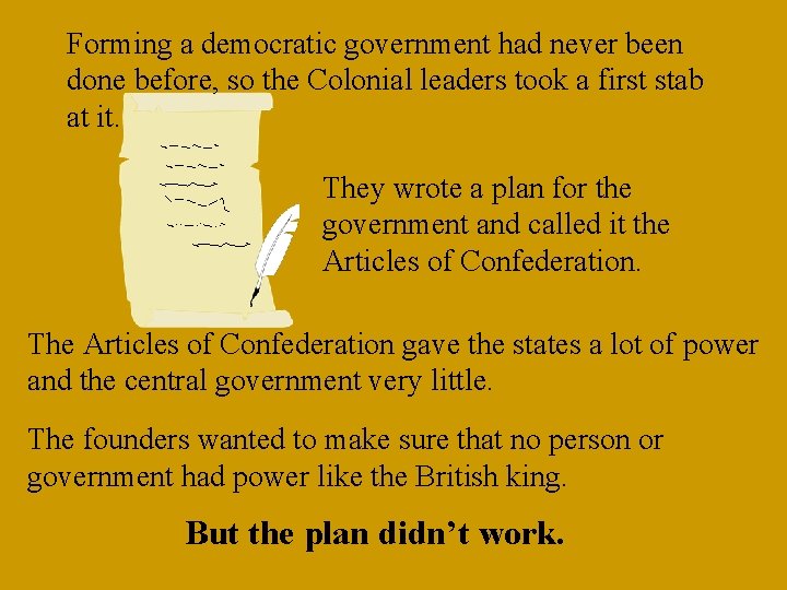 Forming a democratic government had never been done before, so the Colonial leaders took