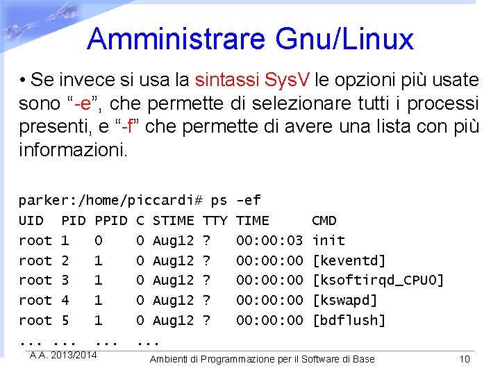 Amministrare Gnu/Linux • Se invece si usa la sintassi Sys. V le opzioni più