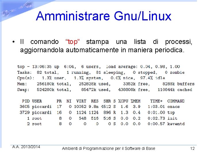 Amministrare Gnu/Linux • Il comando “top” stampa una lista di processi, aggiornandola automaticamente in