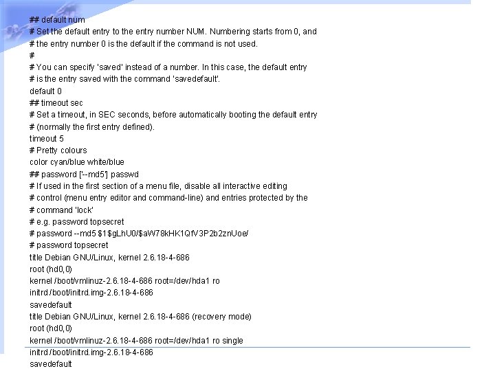 ## default num # Set the default entry to the entry number NUM. Numbering