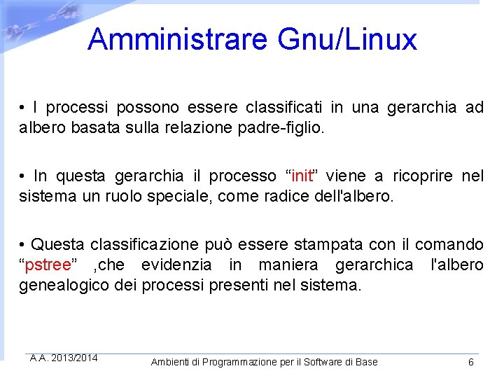 Amministrare Gnu/Linux • I processi possono essere classificati in una gerarchia ad albero basata