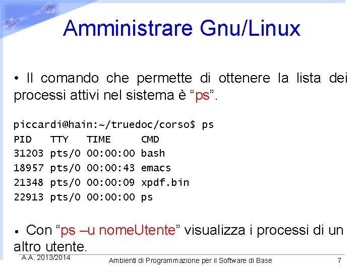 Amministrare Gnu/Linux • Il comando che permette di ottenere la lista dei processi attivi