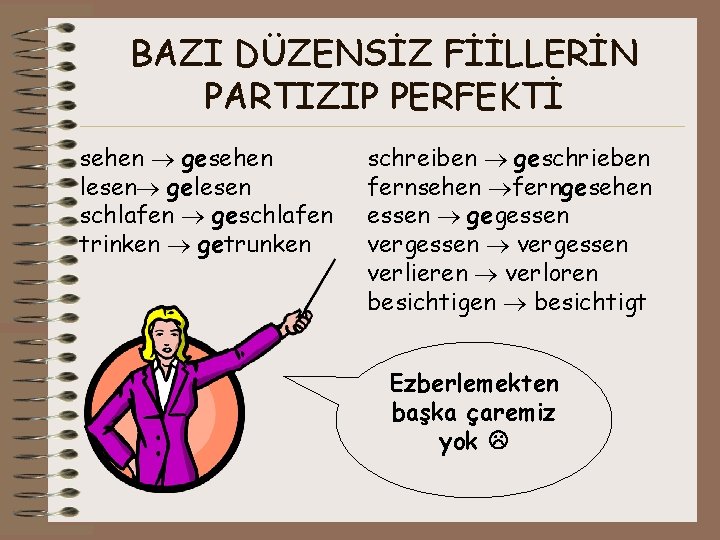 BAZI DÜZENSİZ FİİLLERİN PARTIZIP PERFEKTİ sehen gesehen lesen gelesen schlafen geschlafen trinken getrunken schreiben