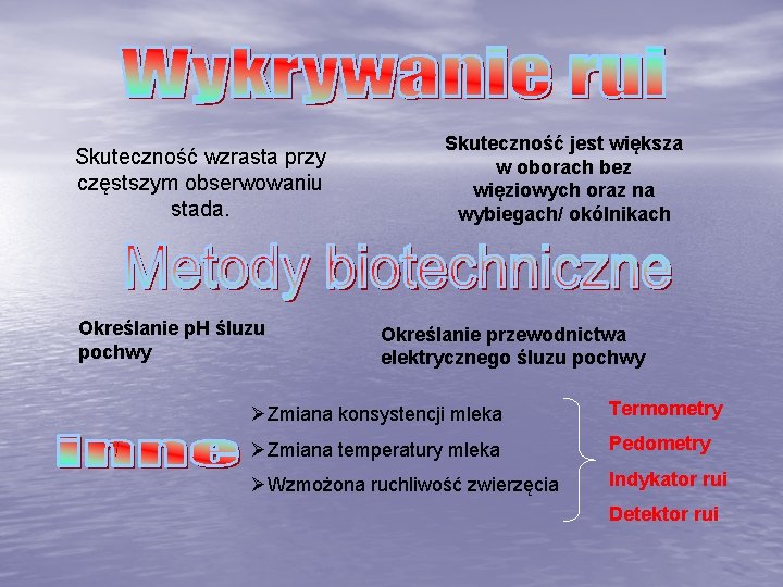 Skuteczność wzrasta przy częstszym obserwowaniu stada. Określanie p. H śluzu pochwy Skuteczność jest większa