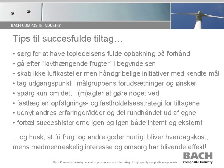Tips til succesfulde tiltag… • sørg for at have topledelsens fulde opbakning på forhånd