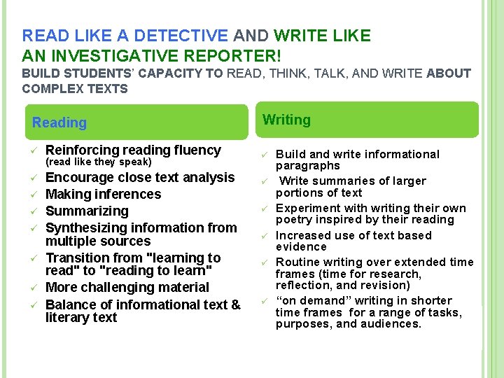 READ LIKE A DETECTIVE AND WRITE LIKE AN INVESTIGATIVE REPORTER! BUILD STUDENTS’ CAPACITY TO