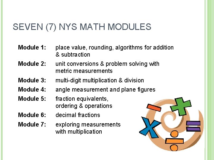 SEVEN (7) NYS MATH MODULES Module 1: place value, rounding, algorithms for addition &