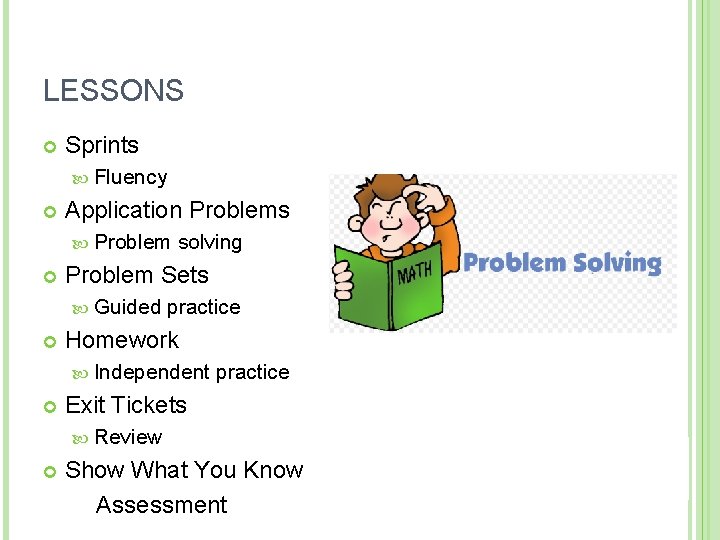 LESSONS Sprints Fluency Application Problems Problem Sets Guided solving practice Homework Independent practice Exit