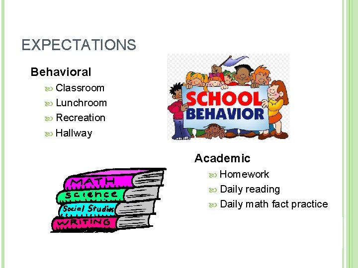 EXPECTATIONS Behavioral Classroom Lunchroom Recreation Hallway Academic Homework Daily reading Daily math fact practice