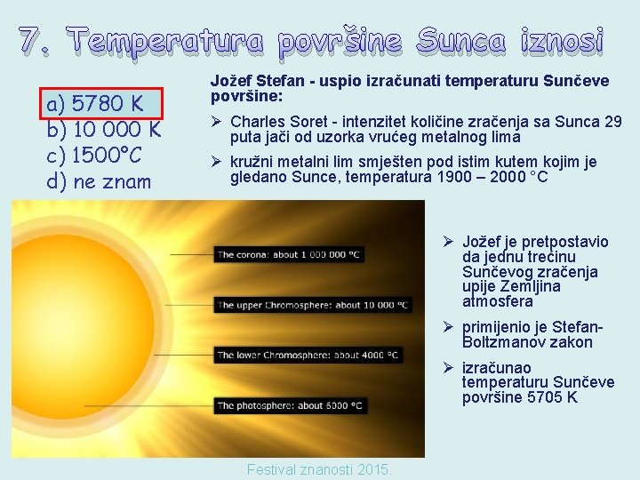 7. Temperatura površine Sunca iznosi a) 5780 K b) 10 000 K c) 1500°C